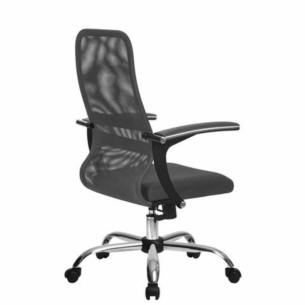 Кресло МЕТТА "SU-C-8-Т" хром, с подлокотниками, ткань-сетка, сиденье мягкое, серое