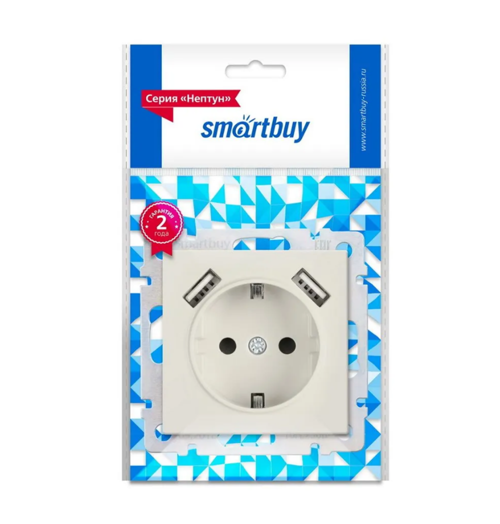 Розетка Smartbuy с заземлением и 2-мя USB 16А "Нептун" (SBE-05i-16-S1-USB), бежевый