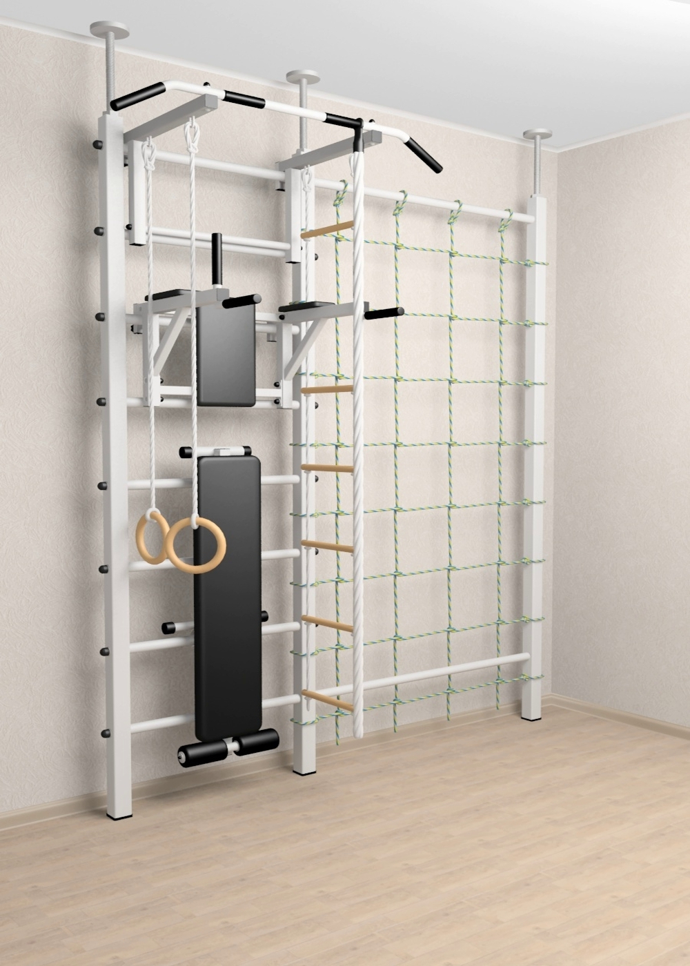 Шведская стенка Sv Sport враспор (Турник стандарт/Брусья/Скамья/Канат/Kольца/Лестница/Канатный лаз/Сетка)