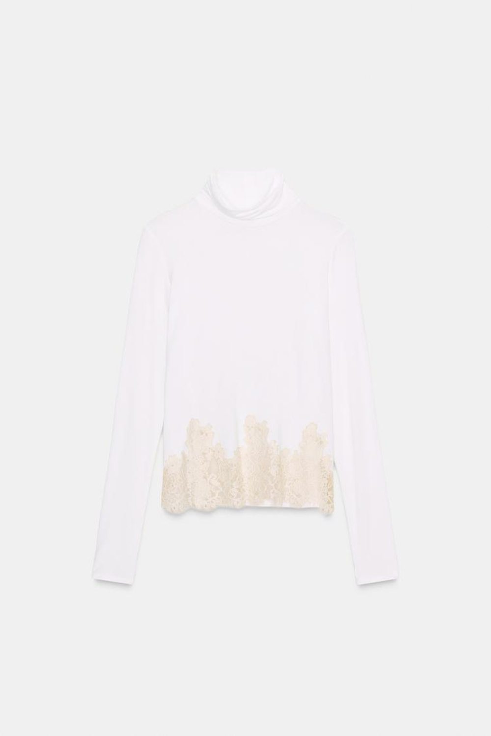 ZARA КОМБИНИРОВАННАЯ ФУТБОЛКА С КРУЖЕВОМ, ЖЕЛТОВАТО-БЕЛЫЙ