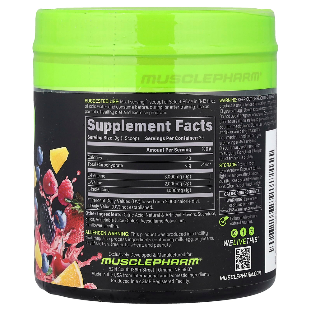 MusclePharm, Select BCAA, со вкусом фруктового пунша, 270 г (9,5 унции)