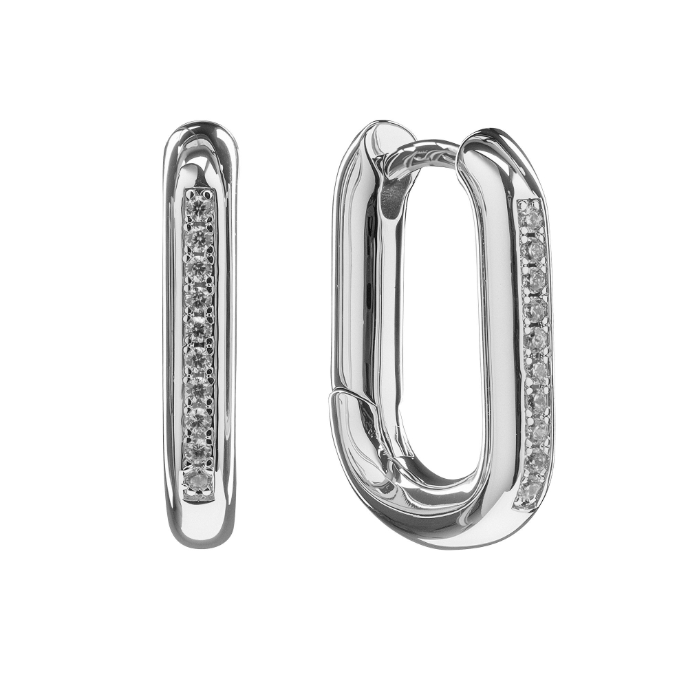 Хупы Овал с фианитами 20мм, silver