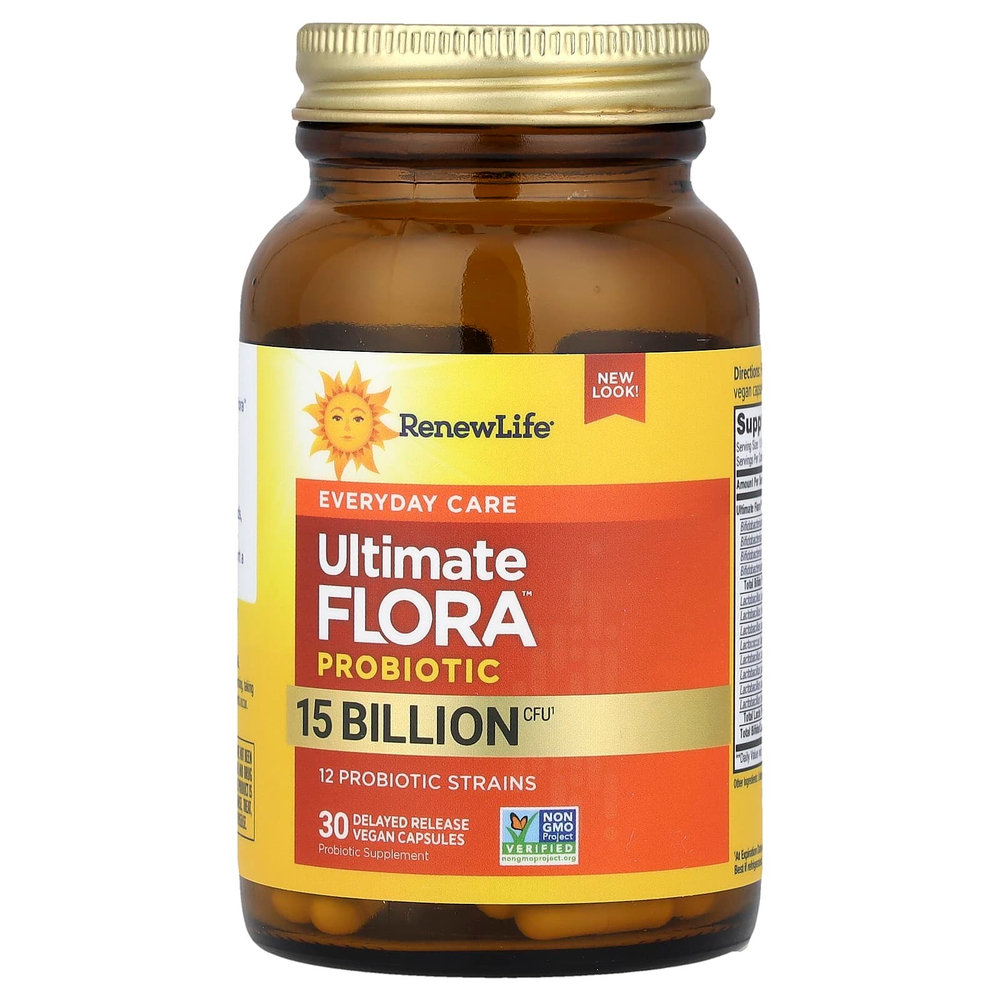 Renew Life, Ultimate Flora™, пробиотик, 15 млрд КОЕ, 30 веганских капсул с отсроченным высвобождением