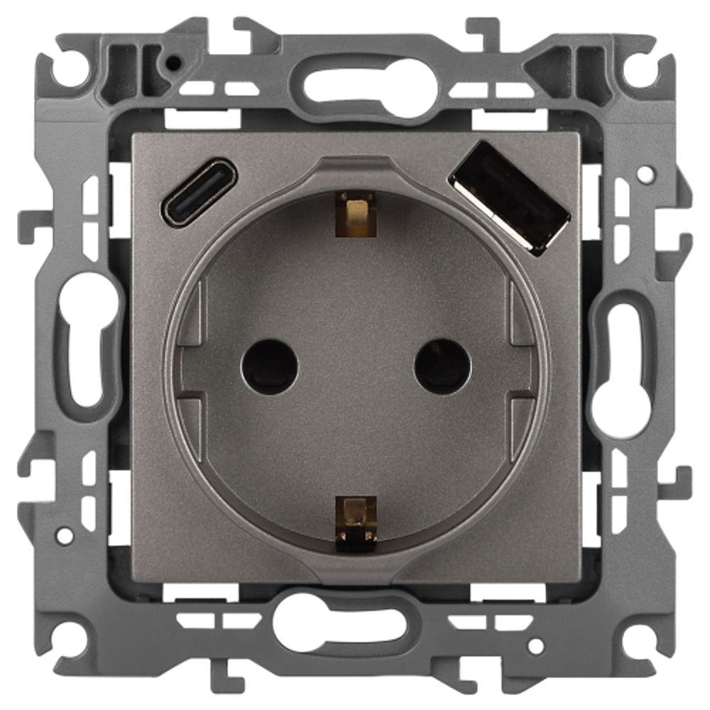 Выключатель ЭРА Серия 12 12-4108-16 2P+E 16A-250В со шторками с USB type-A+C 5В-3А титан | ЭРА 12 Титан