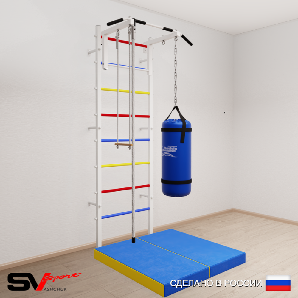 Шведская стенка Sv Sport усиленная 6157 (Турник стандарт/Канат/Трапеция/Цепь/Мешок 30кг/Мат 1м)