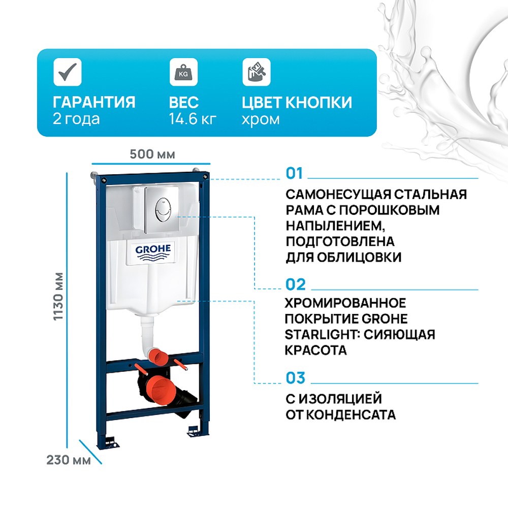 Инсталляция Grohe Rapid SL 38721001 для унитаза с клавишей смыва Хром
