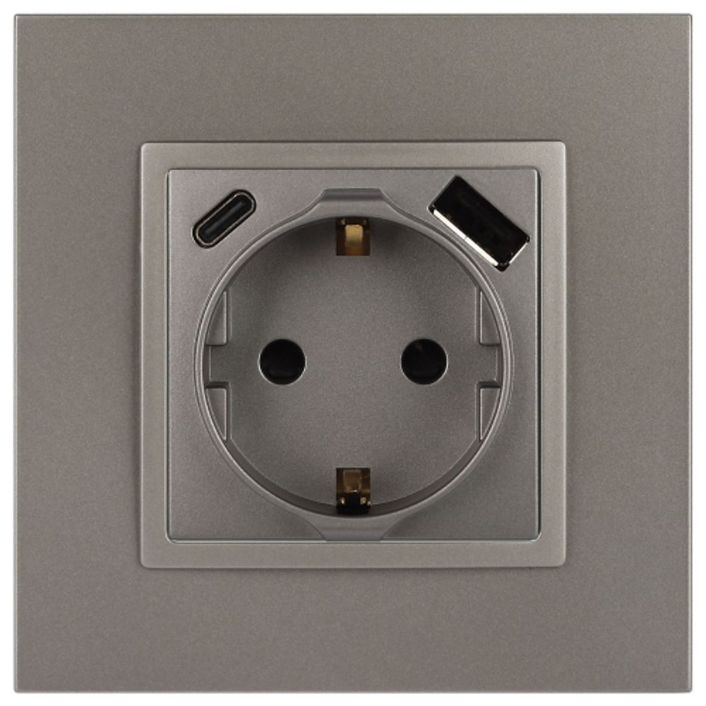 Розетка ЭРА Elegance 14-4108-16 2P+E 16A-250В со шторками с USB type-A+C 5В-3А титан | Эра Elegance