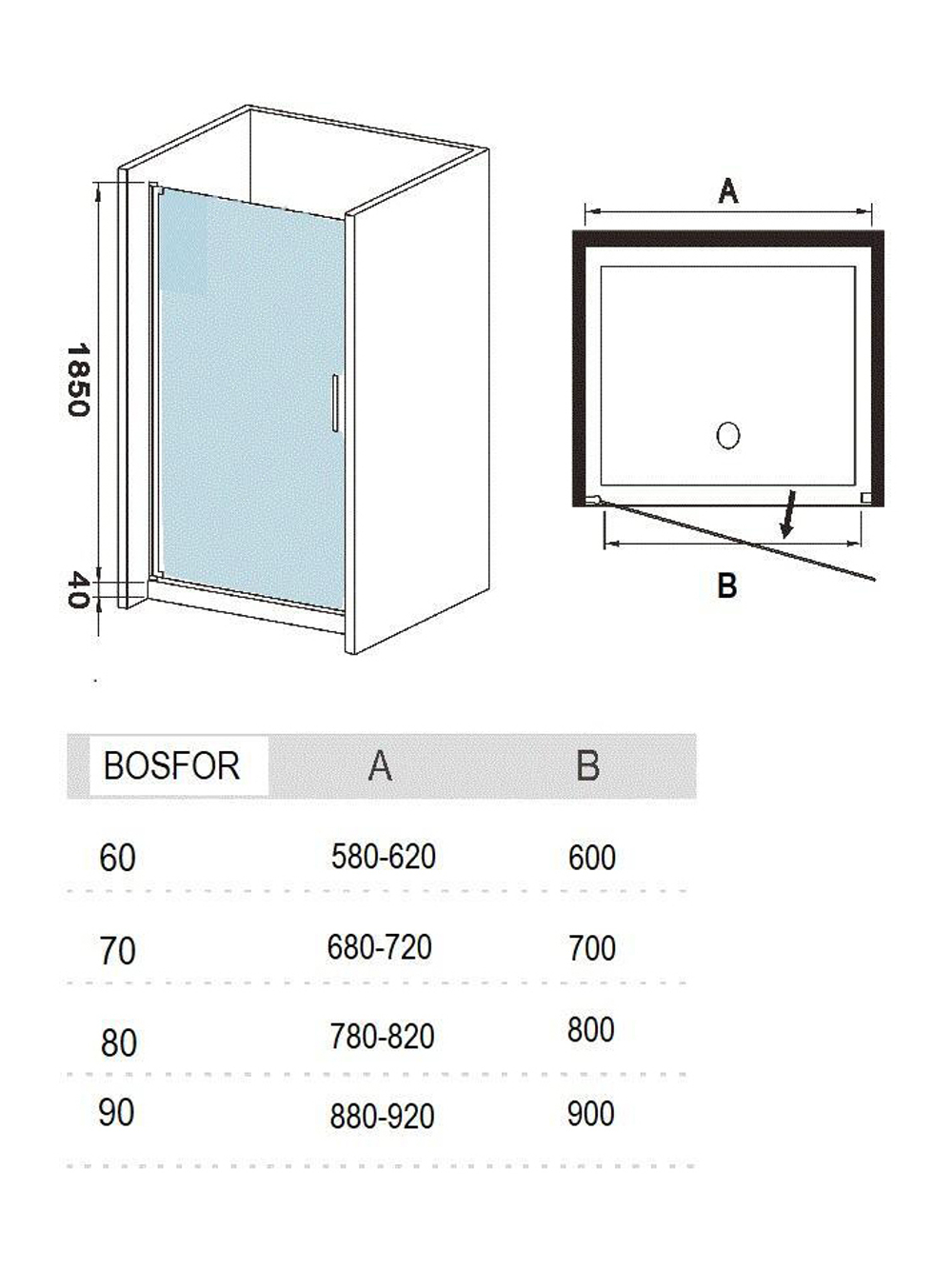 Душевое ограждение RIVER BOSFOR 70 МТ Душевое ограждение 70х185 10000003650 Прямоугольная Универсальная  Хром матовый