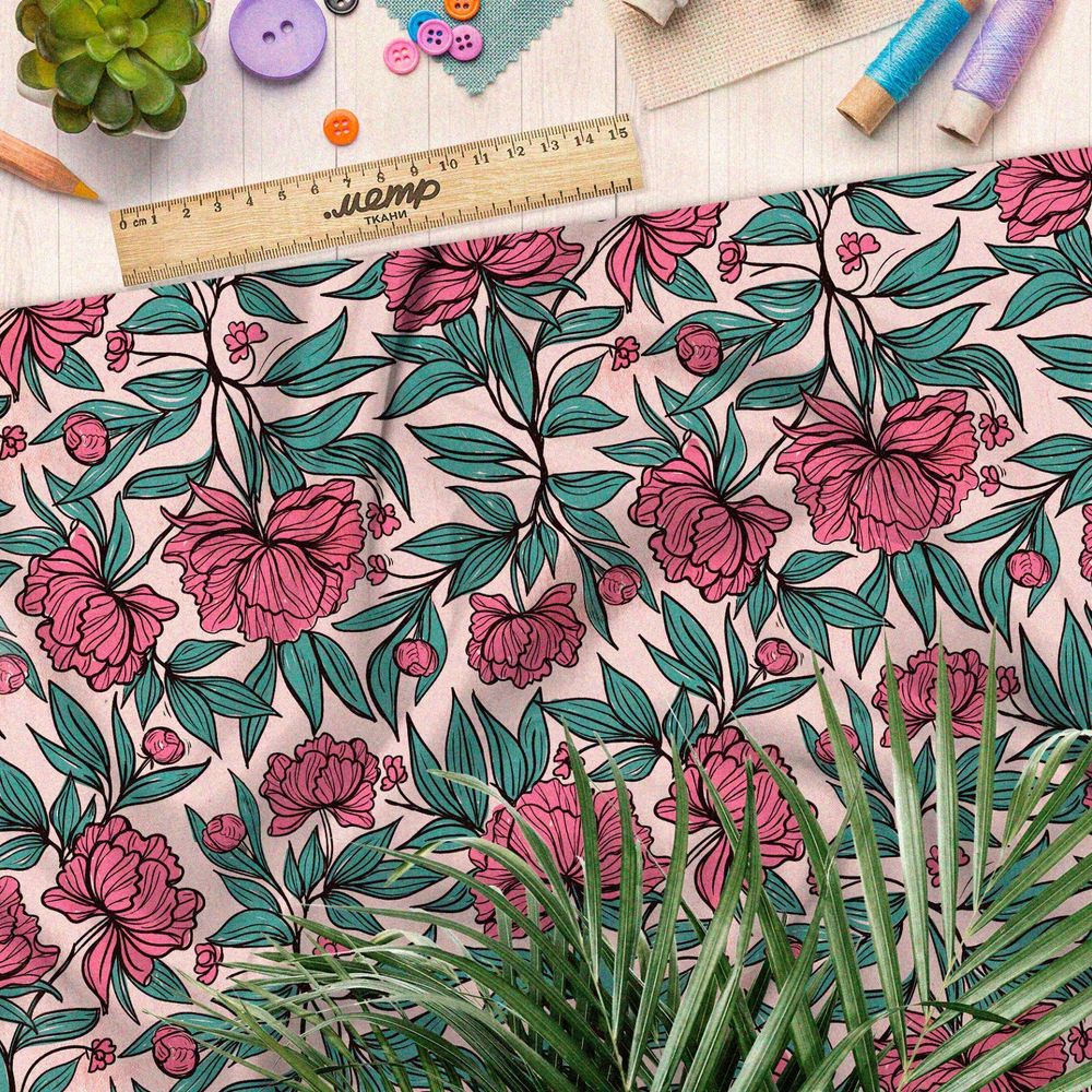 Ткань сатин аленький цветочек на розовом фоне