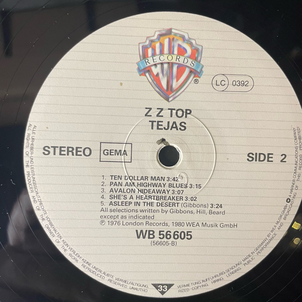 Винтажная виниловая пластинка LP ZZ Top Tejas (Германия 1981)