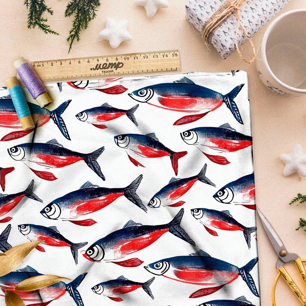 Ткань премиум шелк искусственный Армани океанские рыбы