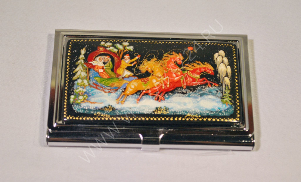 Визитница металлическая персональная "Русская зима" (роспись Палех) худ. Марова