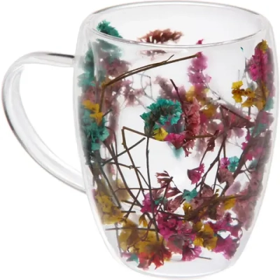 Кружка стеклянная с двойными стенками 350мл «Хай-Тек» с цветами