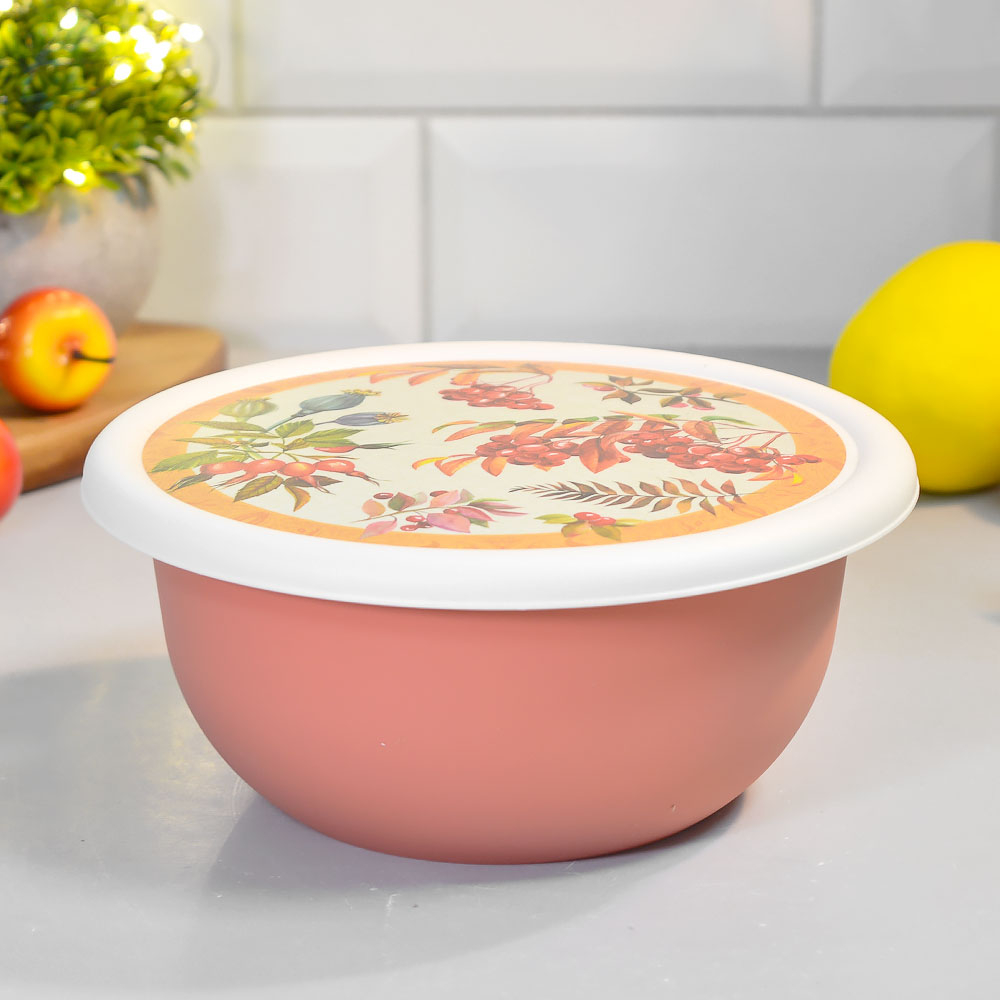 Миска 1,2л с крышкой с декором (оранжевый)