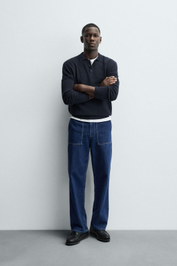 ZARA ПОЛО ИЗ ЖЕМЧУЖНОГО ТРИКОТАЖА, МОРСКОЙ СИНИЙ