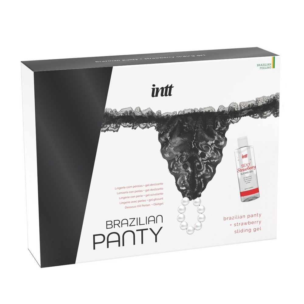 Набор Brazilian Panty: черные трусики со стимулирующими бусинами и массажный гель Sliding Gel Strawberry
