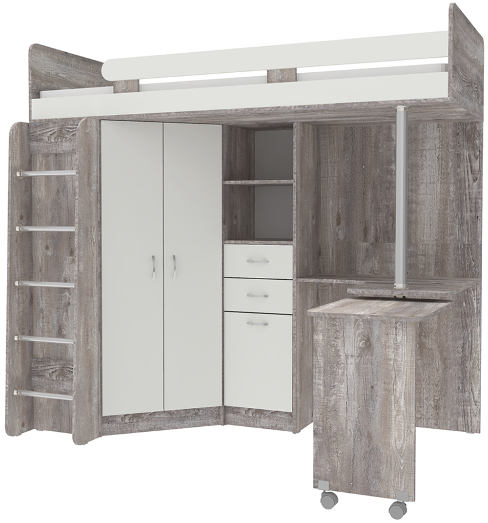 Кровать-чердак КарИВи Юниор 3 с металлической лестницей Бетон Белый