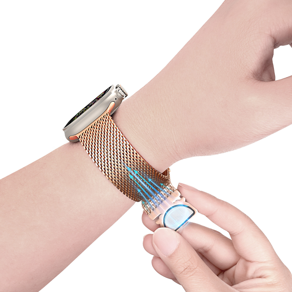 Ремешок из нержавеющей стали розового цвета (Rose Gold) от Dux Ducis для смарт часов Apple Watch 42, 44, 45, 46, 49мм, серия Milanese Air Series (миланская петля)