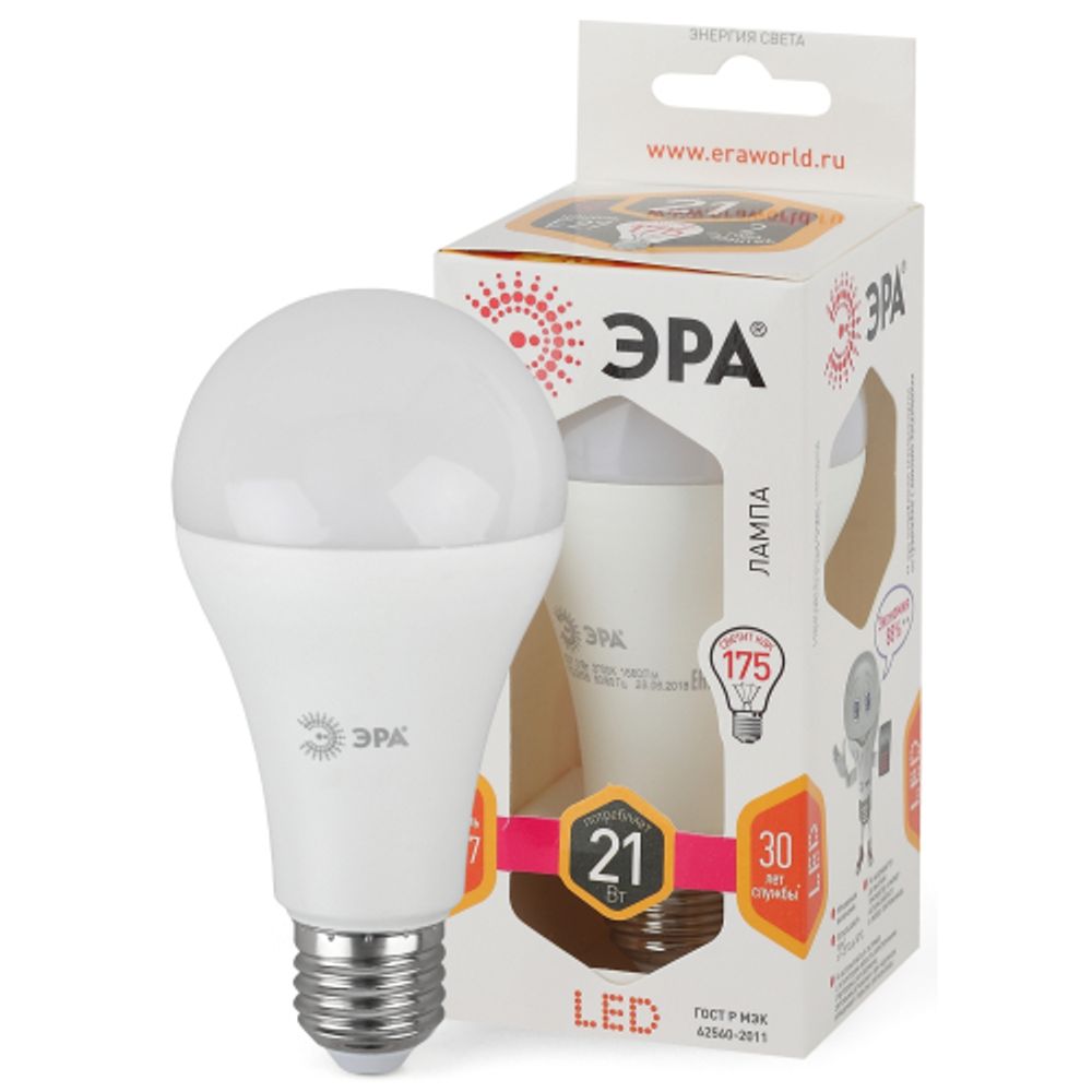 Лампа светодиодная ЭРА STD LED A65-21W-827-E27 21Вт груша теплый белый свет Е27