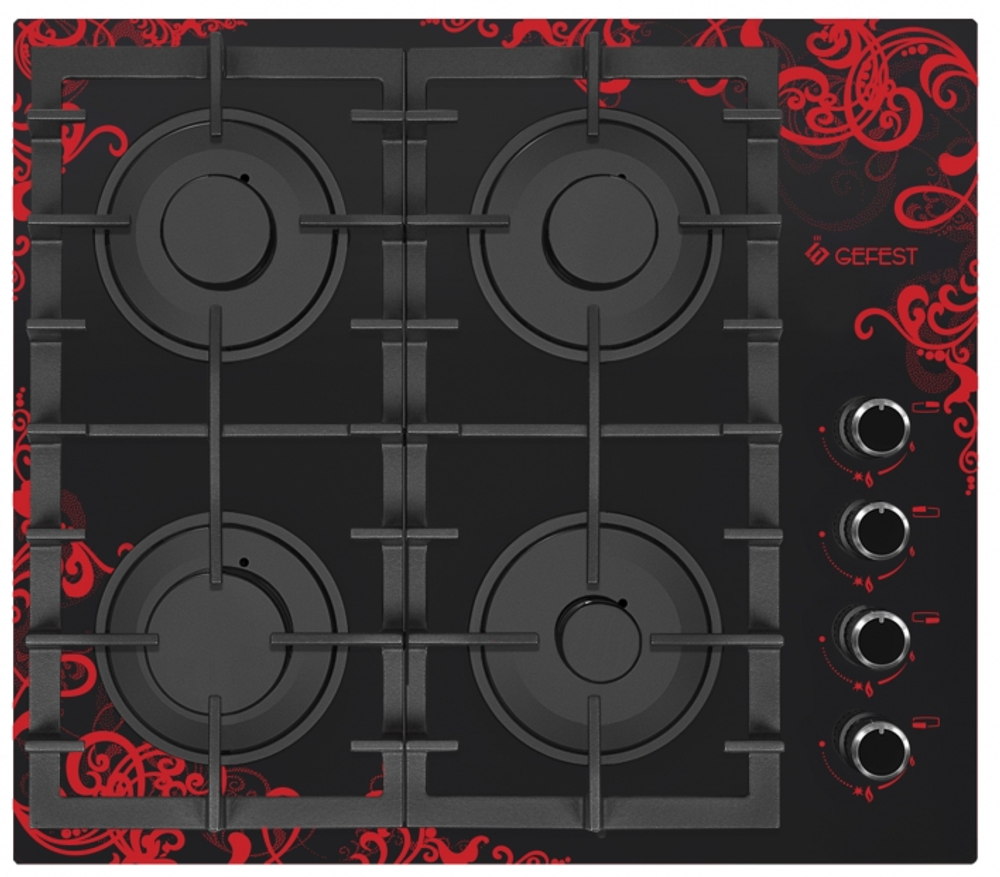 Поверхность варочная  Гефест СГ СВН 2230 К16 (чер. стекло с красным рисунком, газ/к, 60*52)