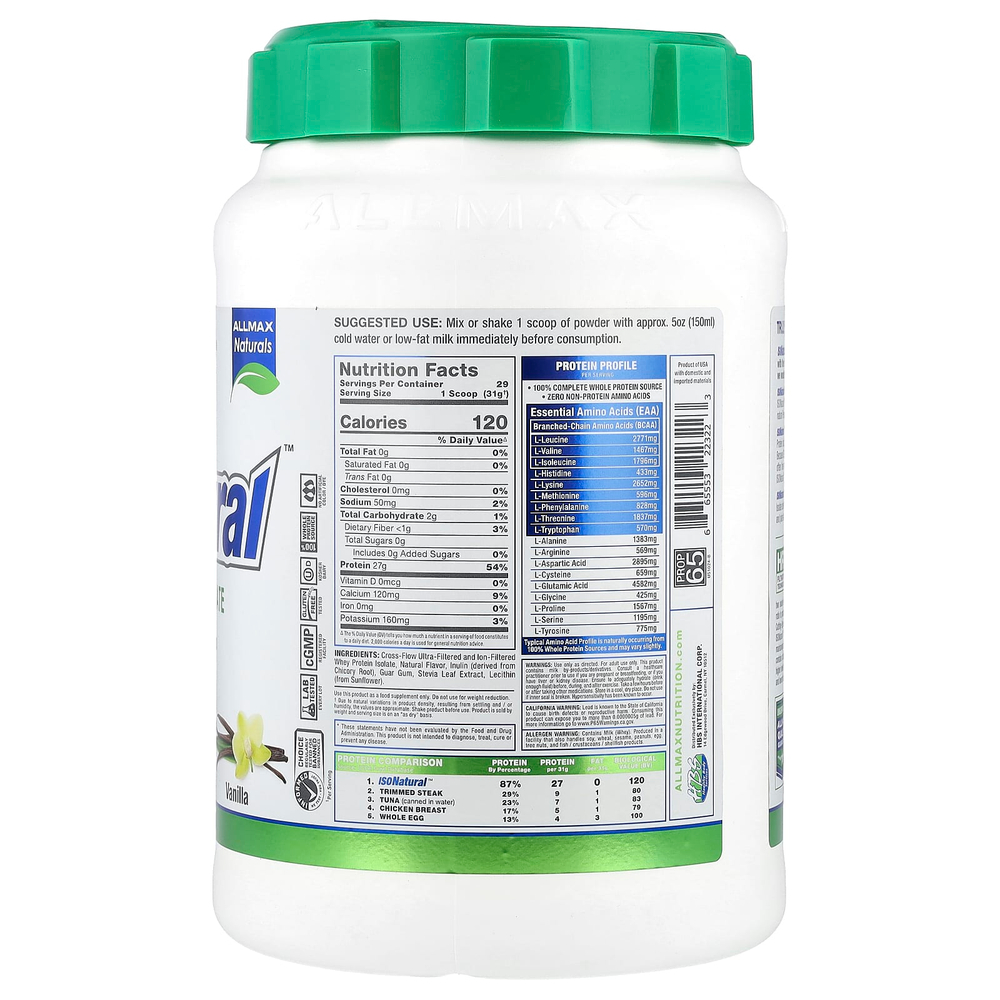 ALLMAX, ISONatural ™, изолят сывороточного протеина, ваниль, 907 г (2 фунта)