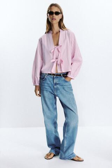 ZARA РУБАШКА ИЗ ПОПЛИНА В ПОЛОСКУ С ЗАВЯЗКАМИ, РОЗОВЫЙ/БЕЛЫЙ