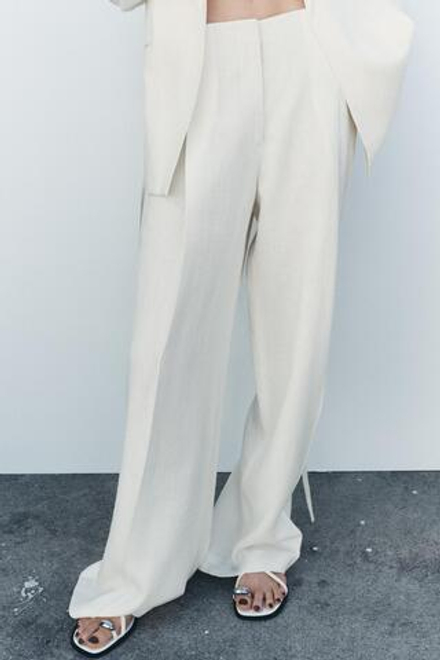 ZARA БРЮКИ ИЗ СМЕСОВОГО ЛЬНА С ЗАЩИПАМИ — ZW COLLECTION, ЭКРЮ