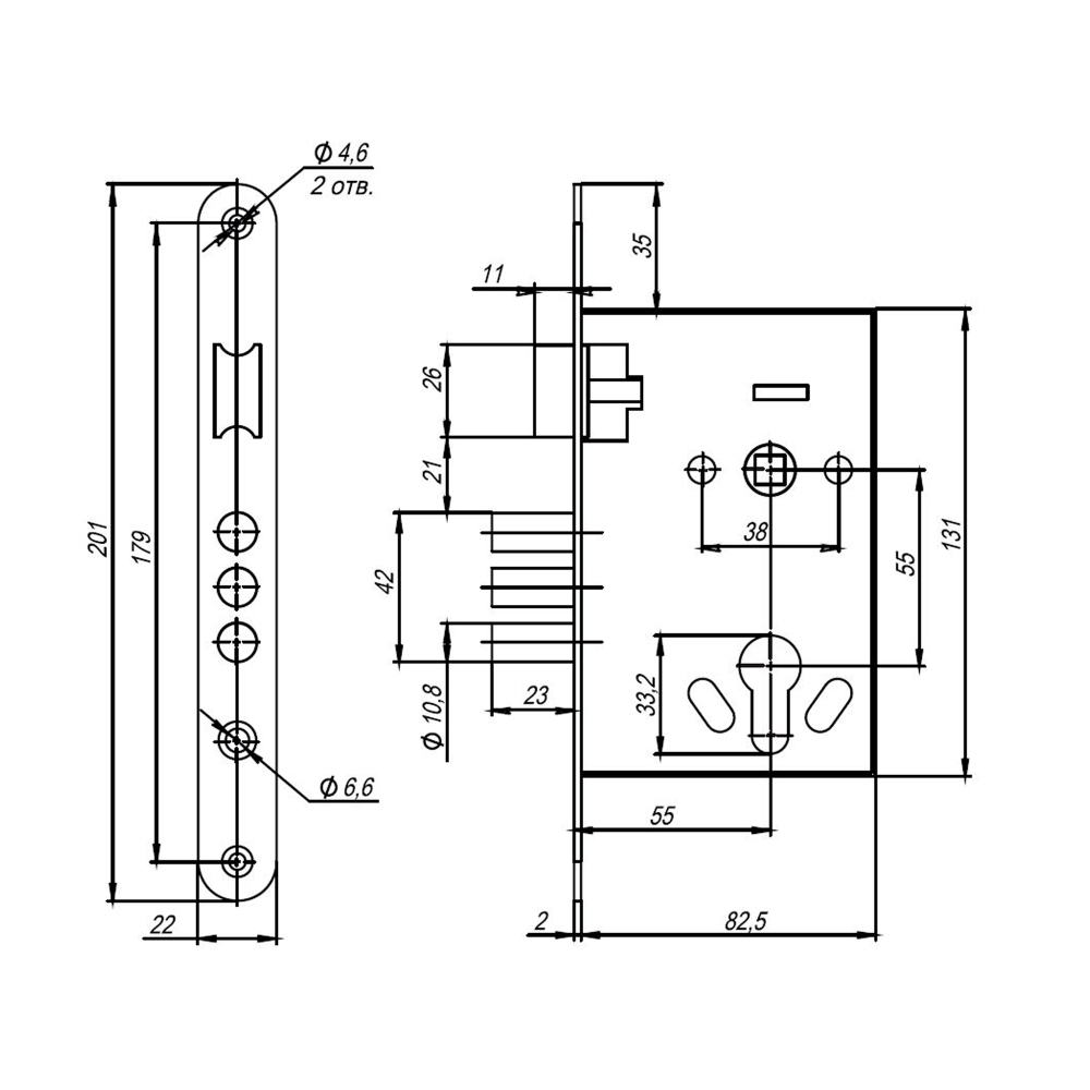 Корпус врезного замка с ручками на планке KIT А7-5555/3 W/B MOS