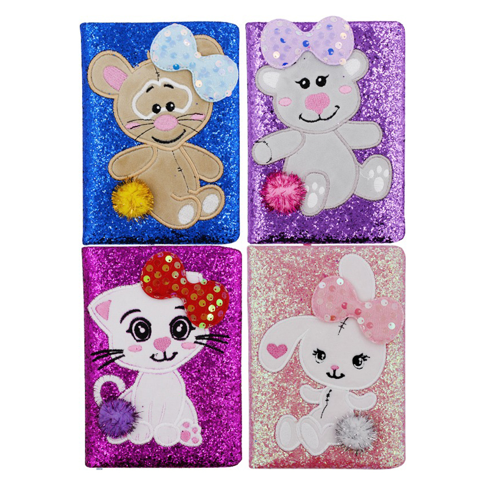 Блокнот детский Basir, формат А5, серия "Животные", ПВХ переплет с блёстками, 19.5*13.5 см, 64 листа, ассорти