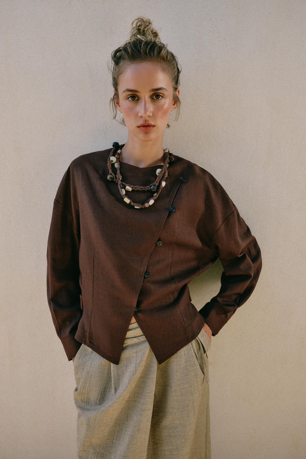 ZARA ДВУБОРТНАЯ КУРТКА ИЗ ЛЬНА, ШОКОЛАДНО-КОРИЧНЕВЫЙ