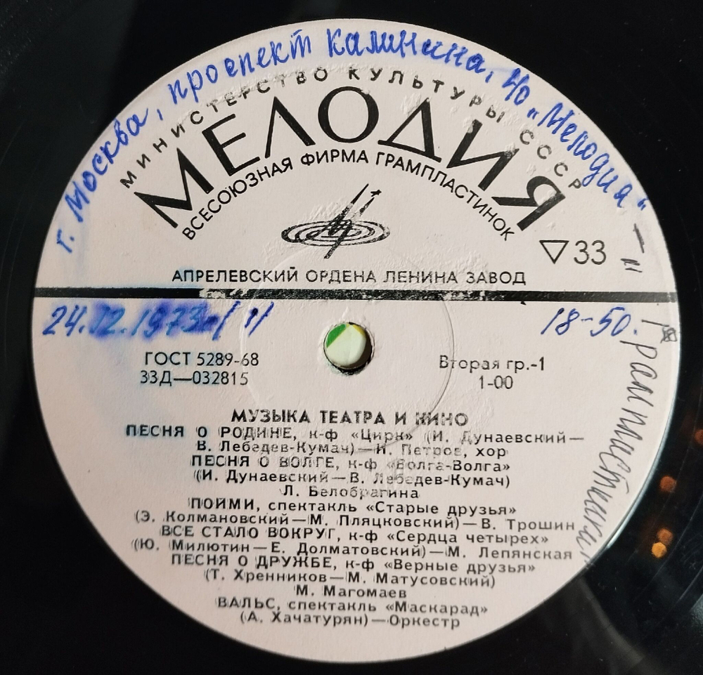 Винтажная виниловая пластинка LP Сборник Музыка Театра И Кино (ССР 1972)
