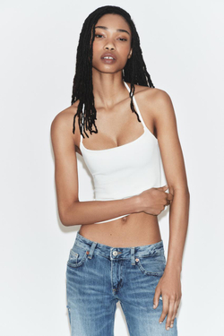 ZARA ЭЛАСТИЧНЫЙ ТОП С ГОРЛОВИНОЙ ХАЛТЕР, БЕЛЫЙ