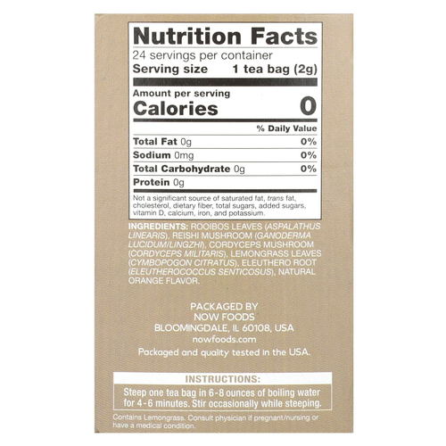 NOW Foods, чай с грибами ройбуш и рейши, без кофеина, 24 чайных пакетика, 48 г (1,7 унции)