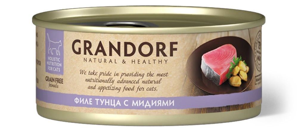 GRANDORF Филе тунца с мидиями Для взрослых кошек 70 г