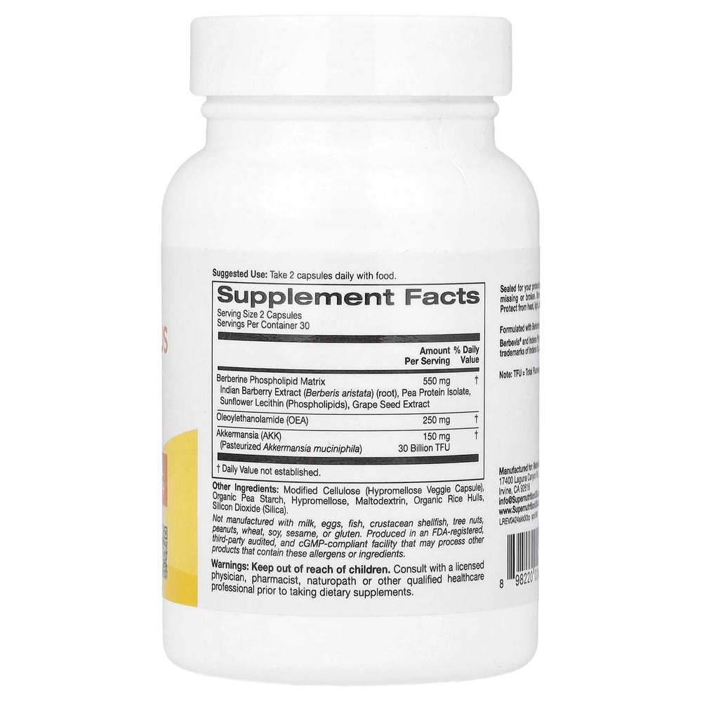 Super Nutrition, Akkermansia 30B PLUS, аккермансия с фосфолипидной матрицей с берберином и олеилэтаноламином, 60 растительных капсул