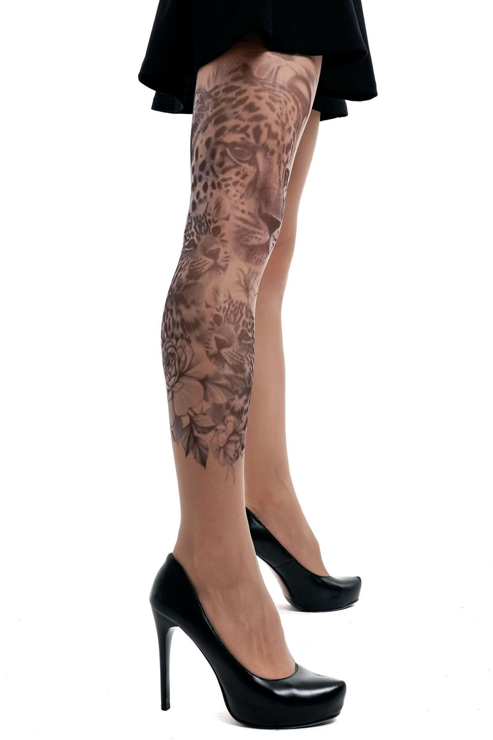 Колготки +size с принтом в виде семейства леопардов (Размер: XL-XXL-XXXL) (Цвет: бежевый)