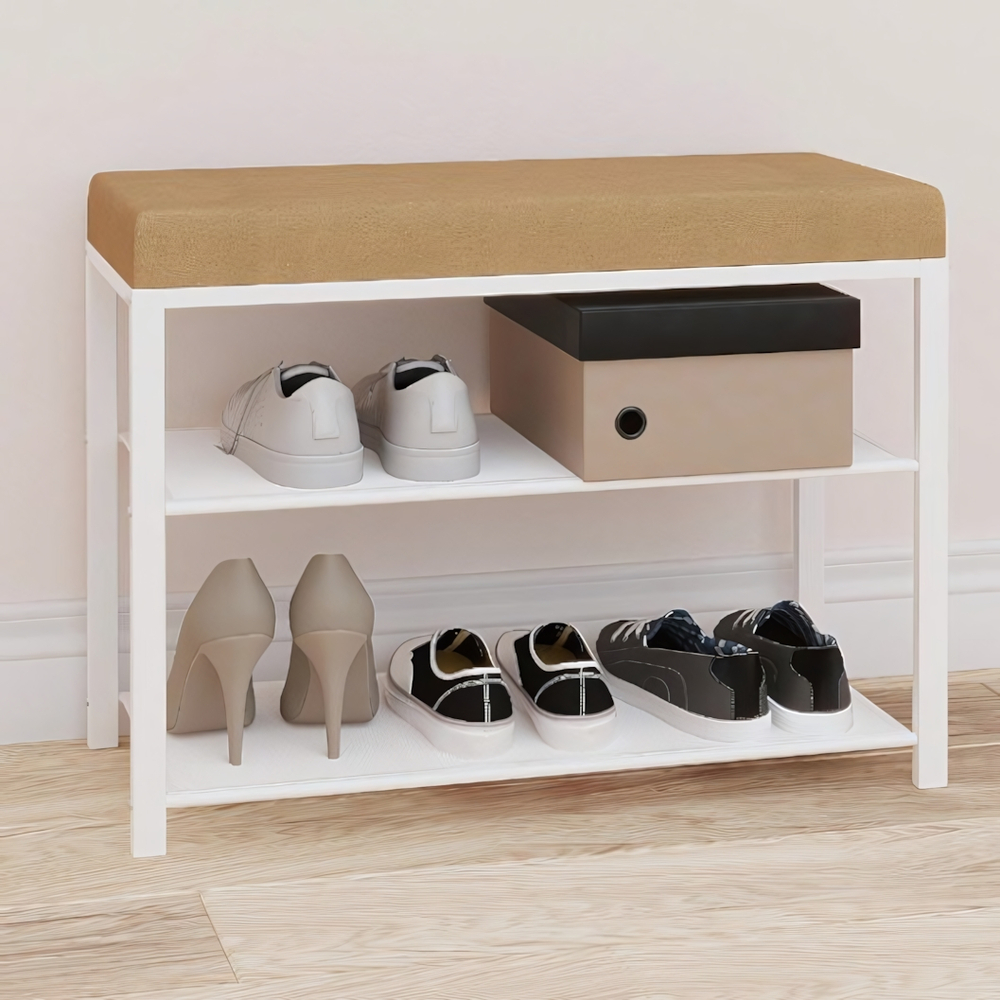 Банкетка для обуви 2-х полочная "Торонто 23S" цвет белый, цвет сиденья бежевый (ткань рогожка)