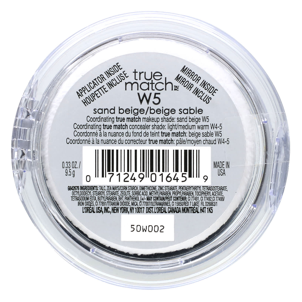 L'Oréal, True Match, супер-смываемая пудра, согревающий, W5 песочный бежевый, 9,5 г (0,33 унции)