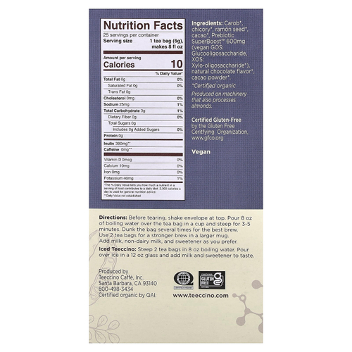 Teeccino, Травяной чай с пребиотиками, темный шоколад, без кофеина, 25 чайных пакетиков, 150 г (5,3 унции)