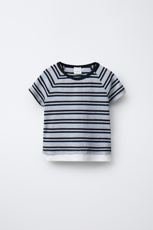 ZARA ФУТБОЛКА В ПОЛОСКУ С ДВОЙНЫМ НИЗОМ, СИНИЙ