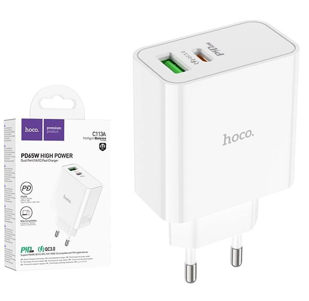 Сетевой адаптер питания HOCO C113A PD 65W + QC 3.0 (белый)