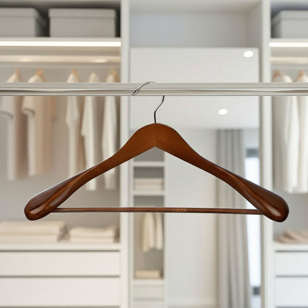 Вешалка деревянная 45см костюмная с широкими плечами и перекладиной с ПВХ покрытием, темно-коричневы