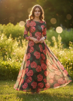 Шифон принт, цветы большие красные на черном JULIA D110