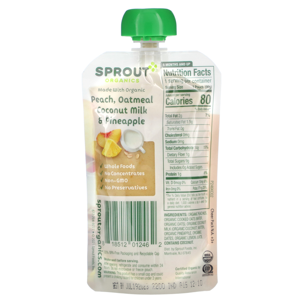Sprout Organics, Детское питание, от 6 месяцев, персик, овсянка, кокосовое молоко и ананас, 99 г (3,5 унции)
