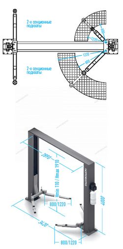 NORDBERG (N4120H1E-4B) Подъемник 380V 2х стоечный 4т с верхней синхронизацией, H=4,0 м, с электростопорами (синий)