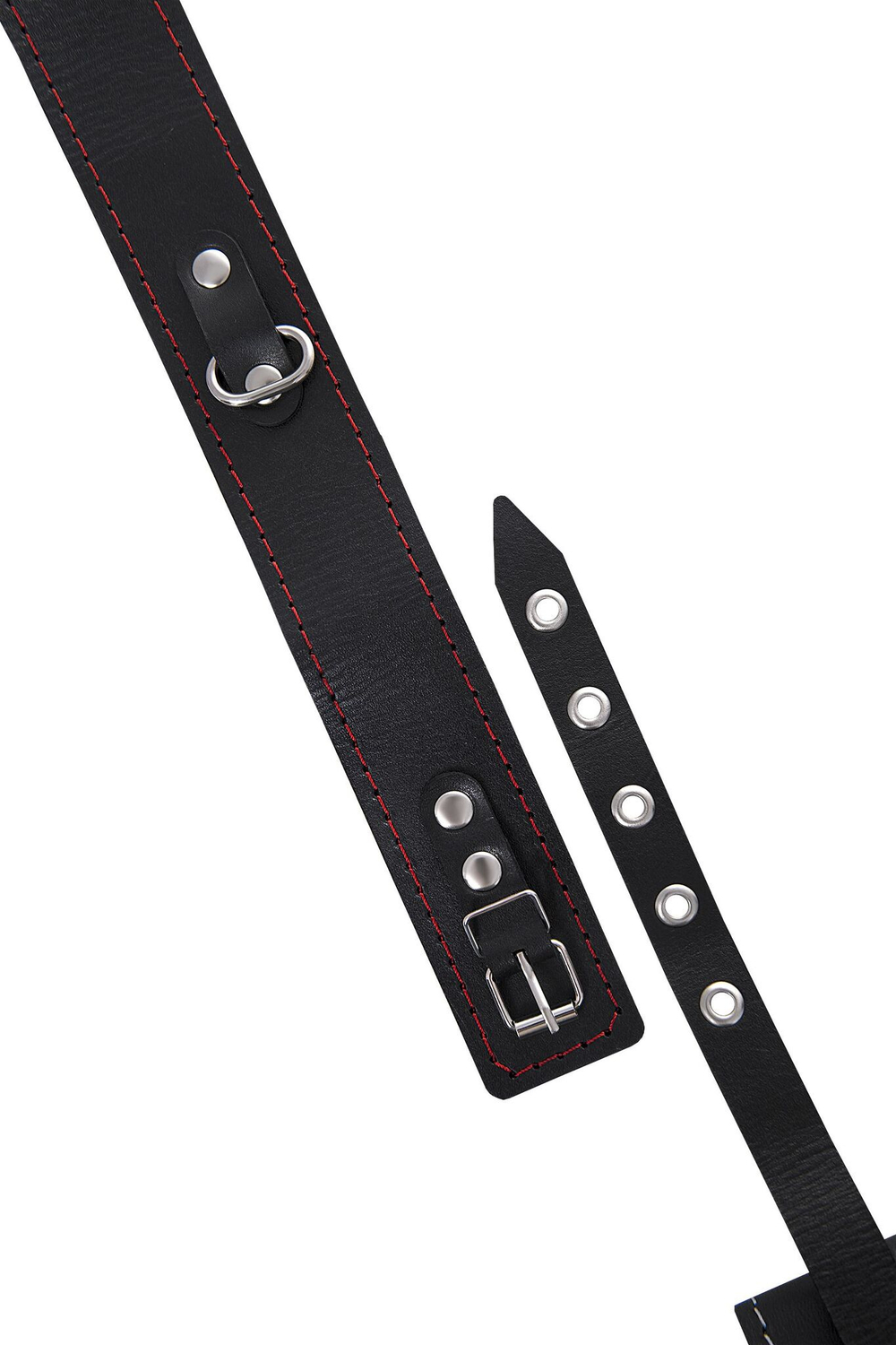 Кожаный двухслойный ошейник с красной строчкой и поводком