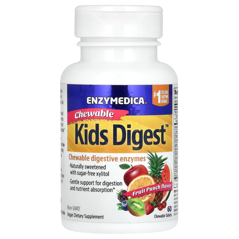 Enzymedica, Kids Digest, жевательные ферменты для детей, со вкусом фруктового пунша, 60 жевательных таблеток