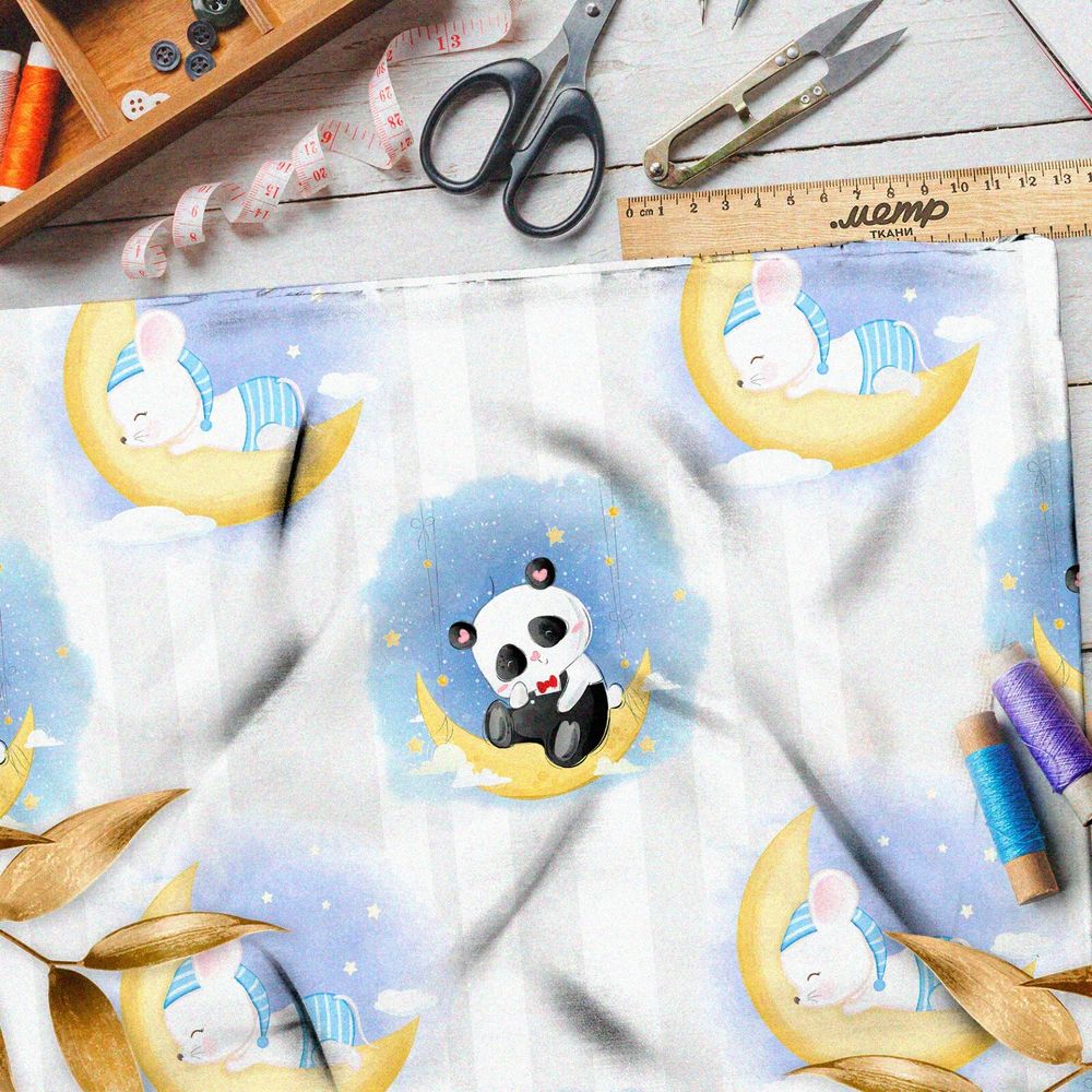 Ткань шифон сонные панды и мышки на месяце