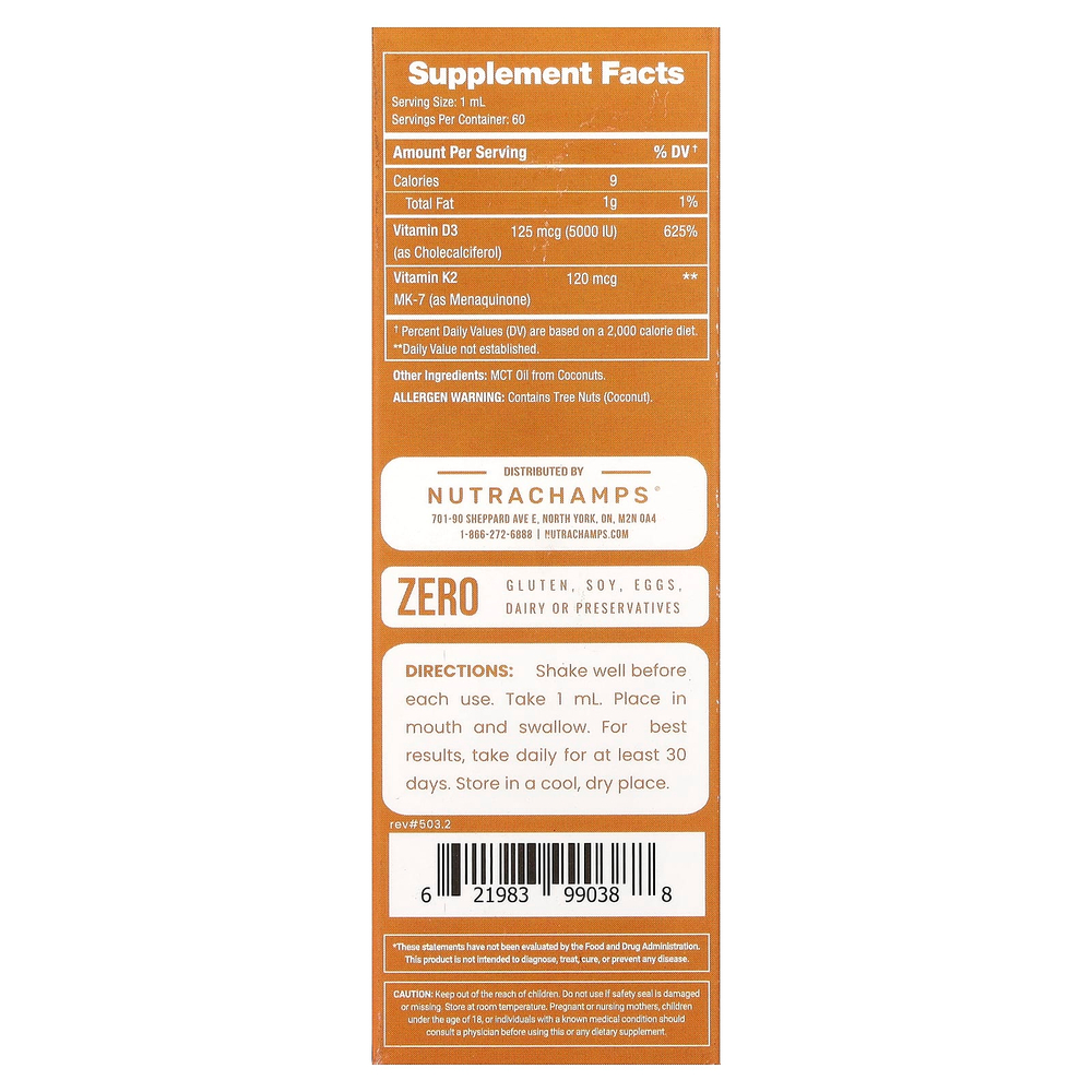NutraChamps, Жидкие капли D3 + K2, без добавок, 60 мл (2 жидк. унц.)