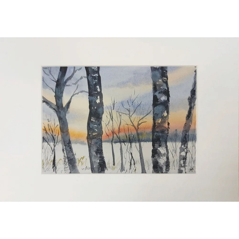 Картина акварельная авторская в паспарту 21х30 см на стену для интерьера "Зимний рассвет"